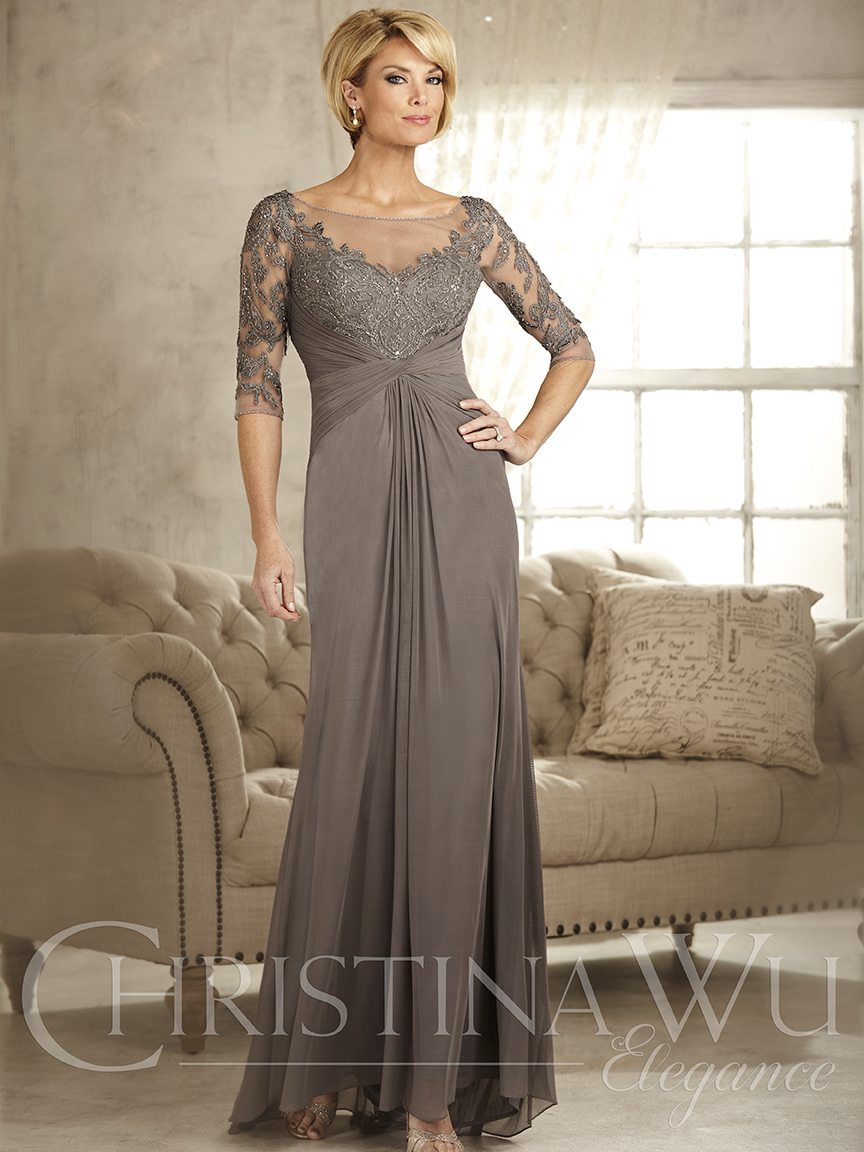 17822 Charcoal Ruched 3/4 Sleeve Mother's Dress by Christina Wu