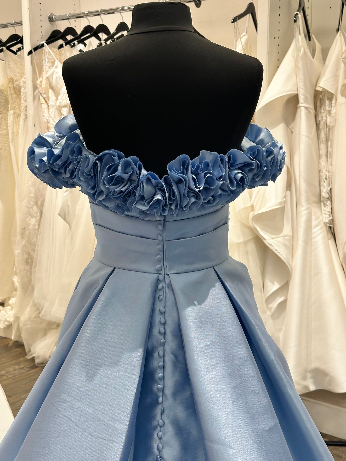 T125 Light Blue Mikado Floral Off Shoulder A-Line Wedding Dress with Box Pleats