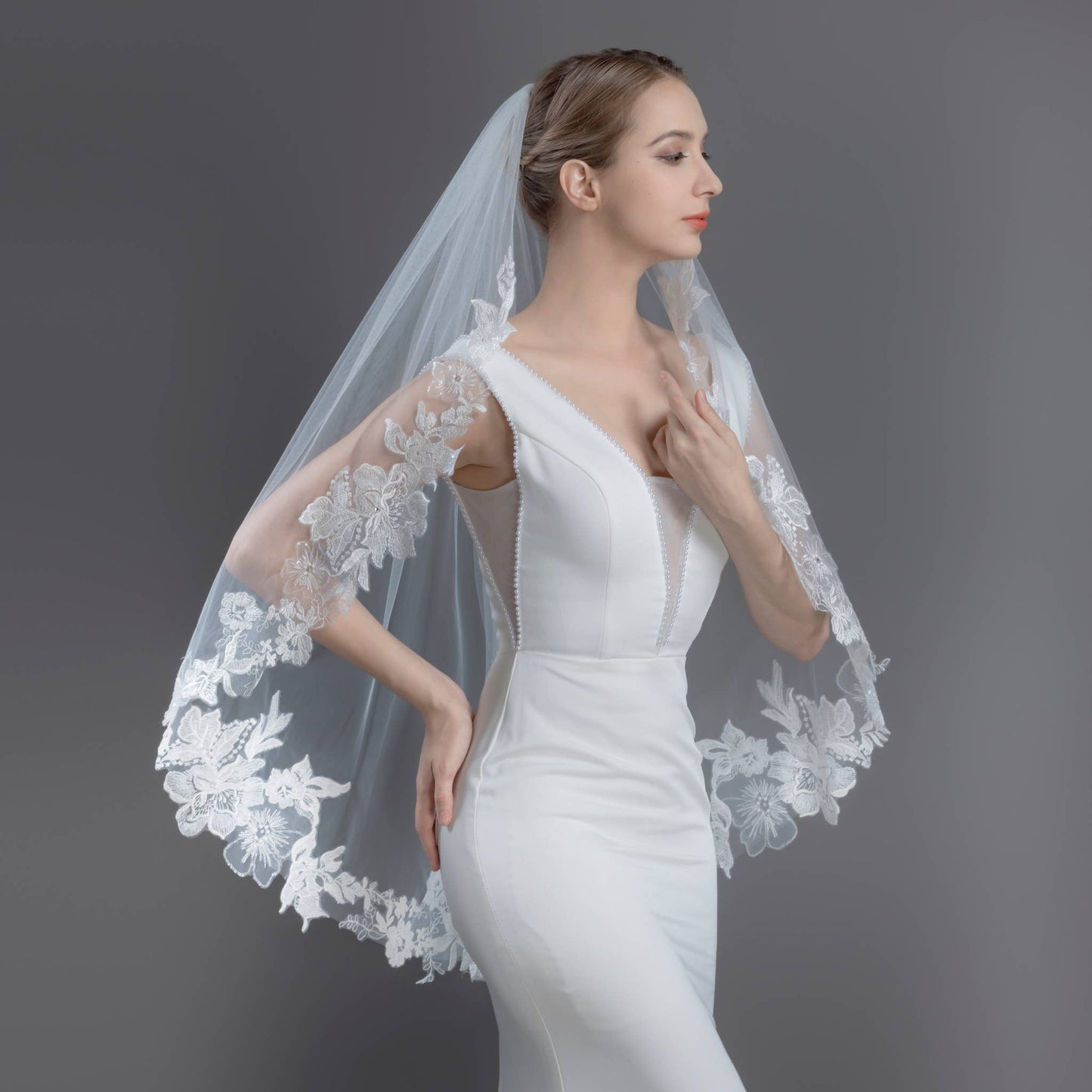 FS6231 Floral Embroidered Lace Bridal Veil