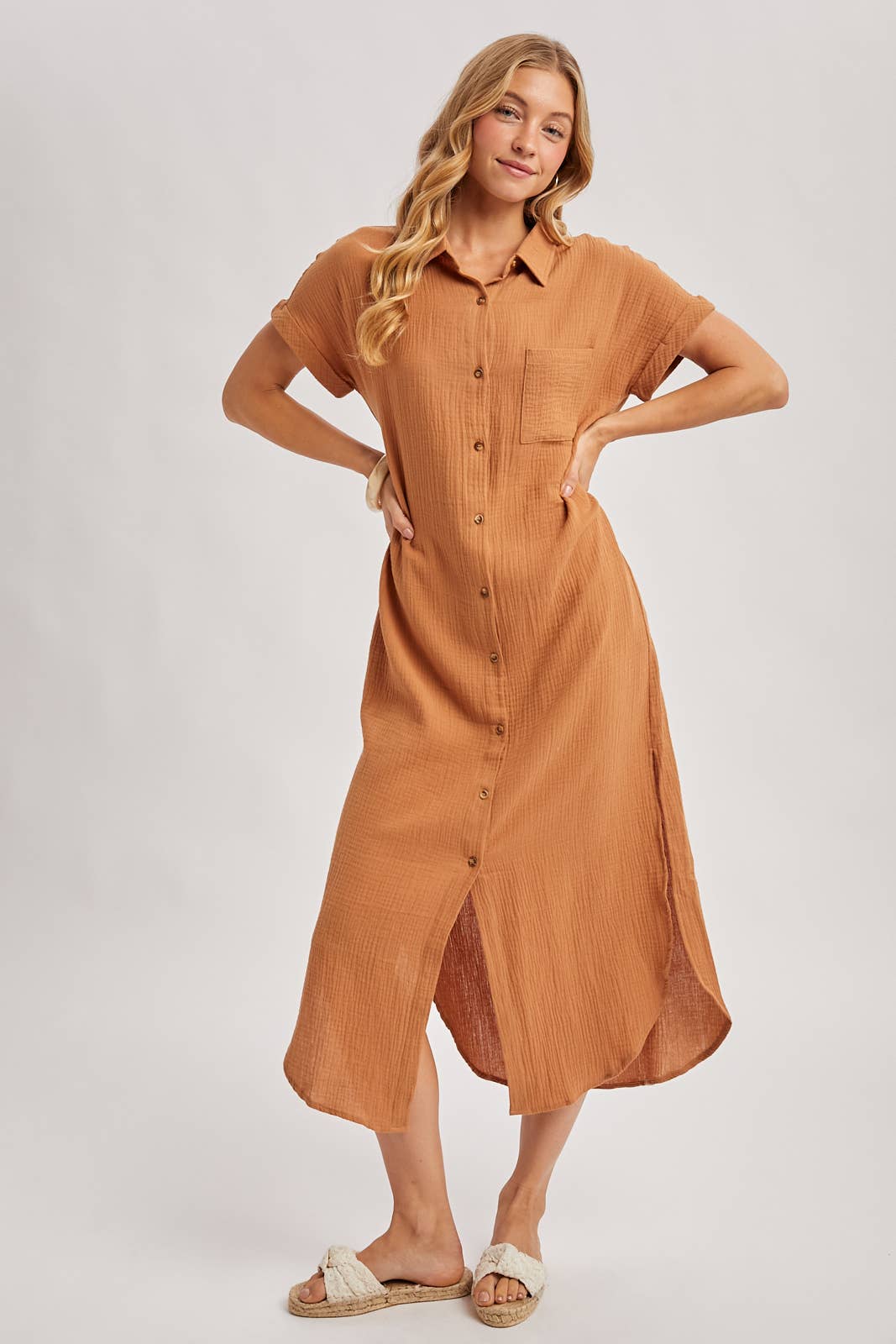 BUTTON UP MAXI SHIRT DRESS WITH POCKET