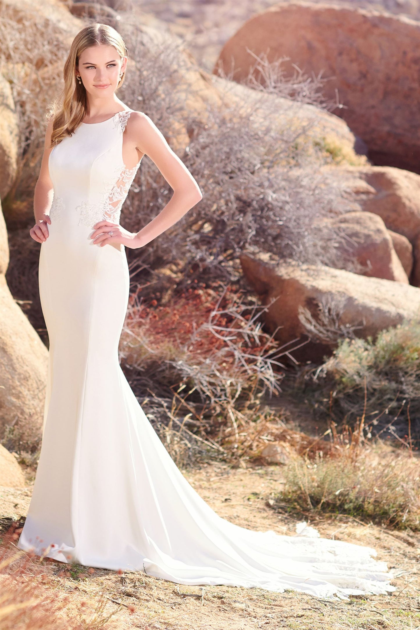 220111 Fit & Flare Crepe Wedding Dress by Enchanting for Mon Cheri