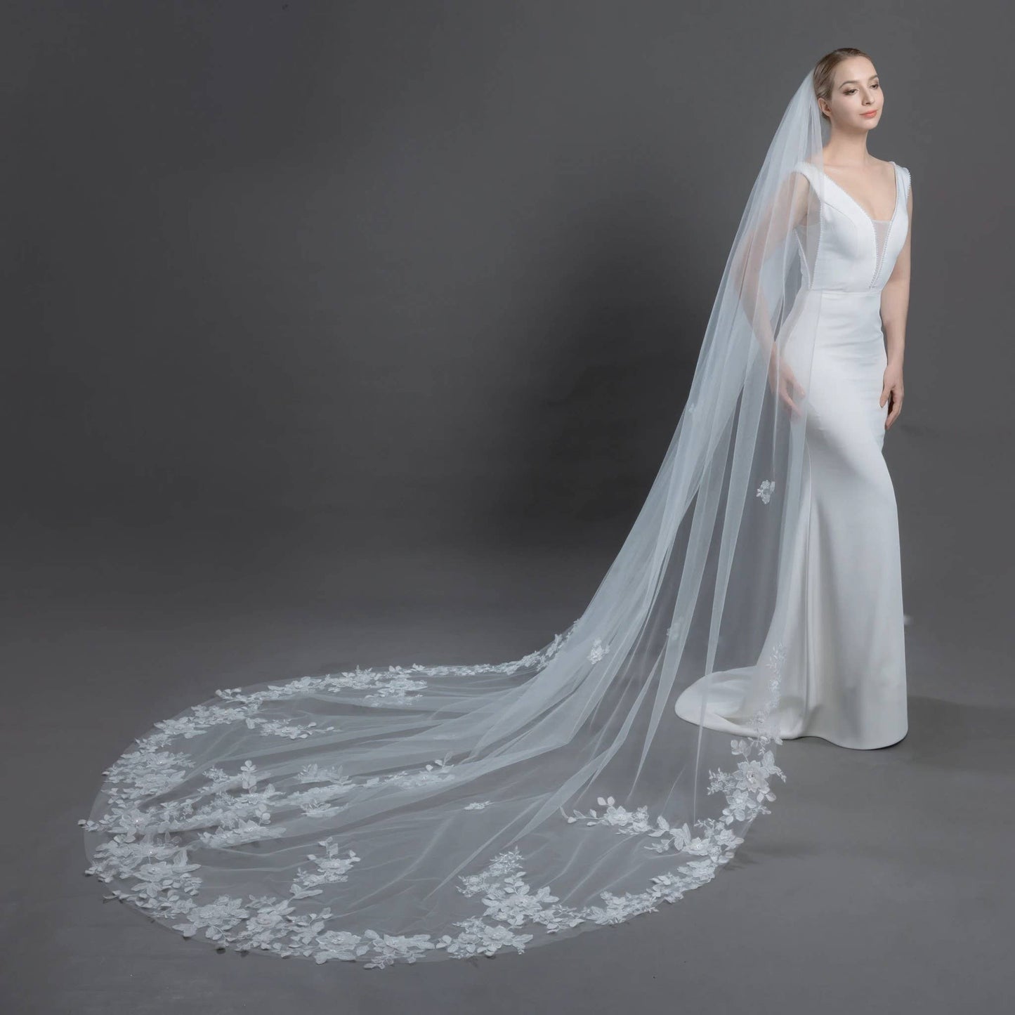 FS6227 3D Organza Flowers Embroidered Lace Bridal Veil 120"