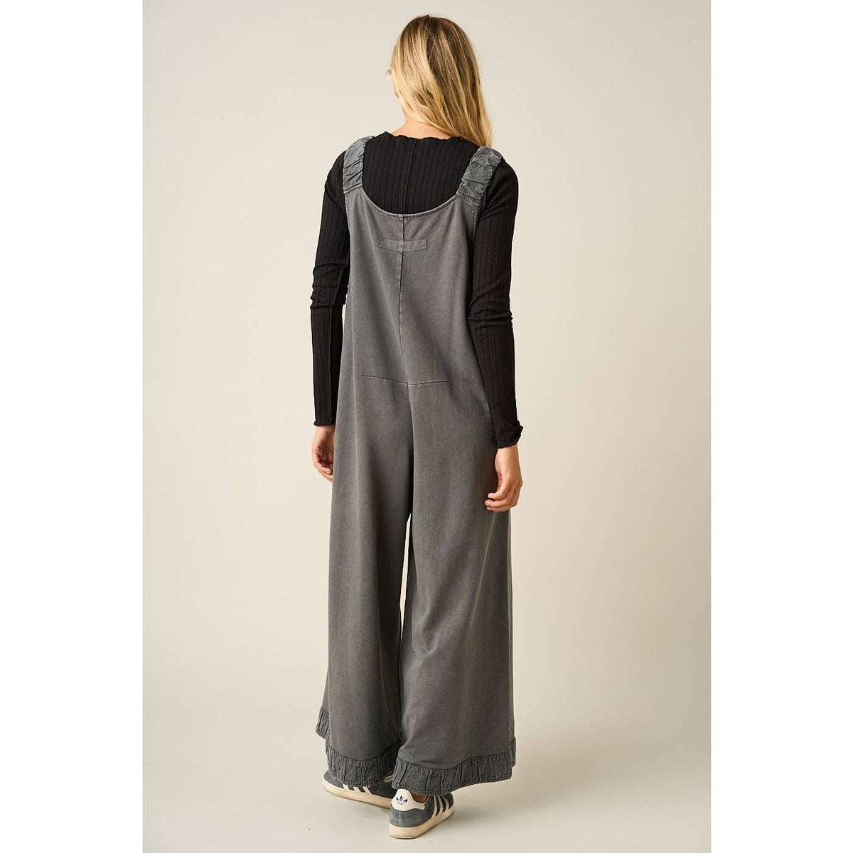Mineral Wash Ruffle Hem Henley Jumpsuit