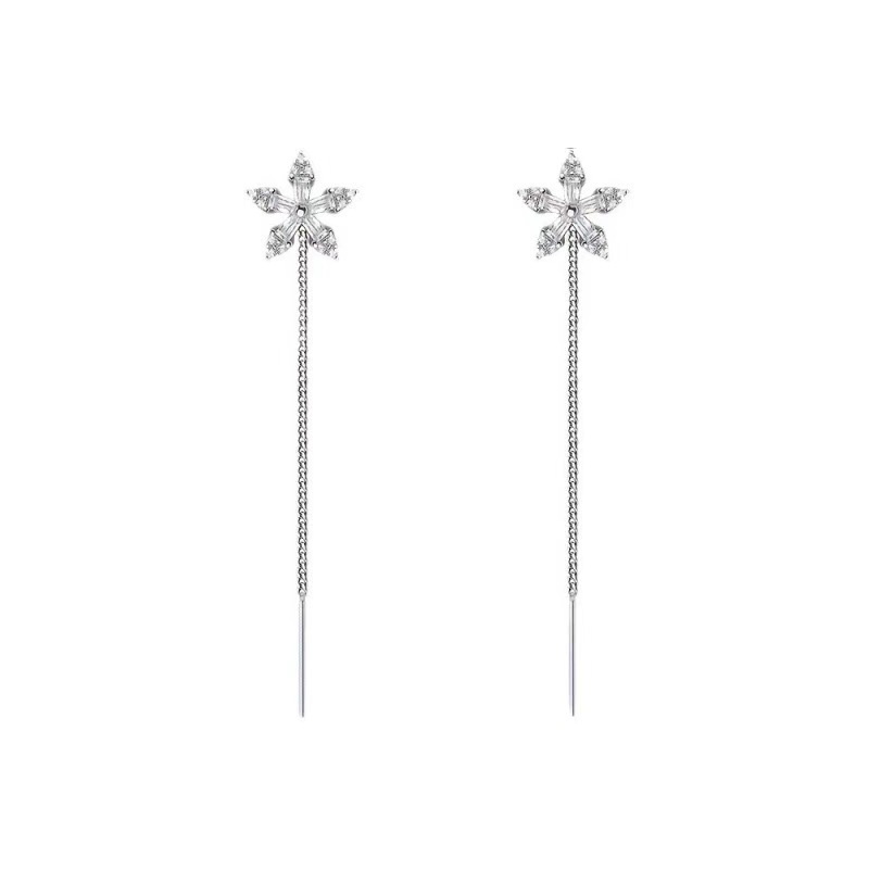 Dainty Flower Drop Threader Earrings in 925 Sterling Silver