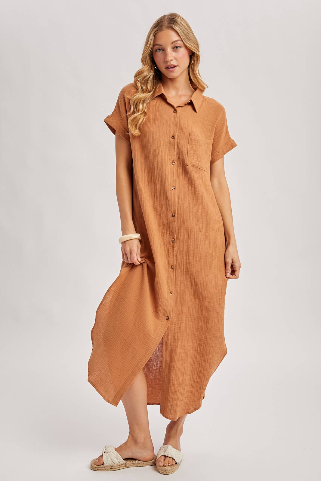 BUTTON UP MAXI SHIRT DRESS WITH POCKET