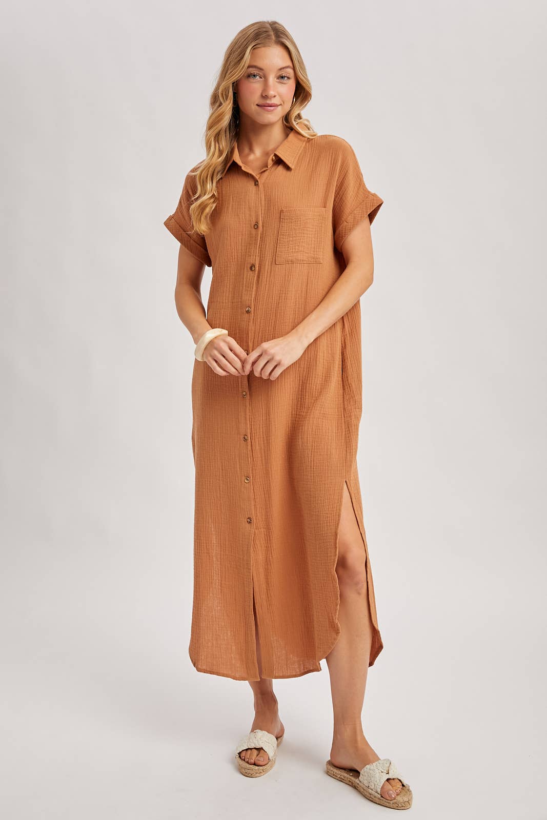 BUTTON UP MAXI SHIRT DRESS WITH POCKET