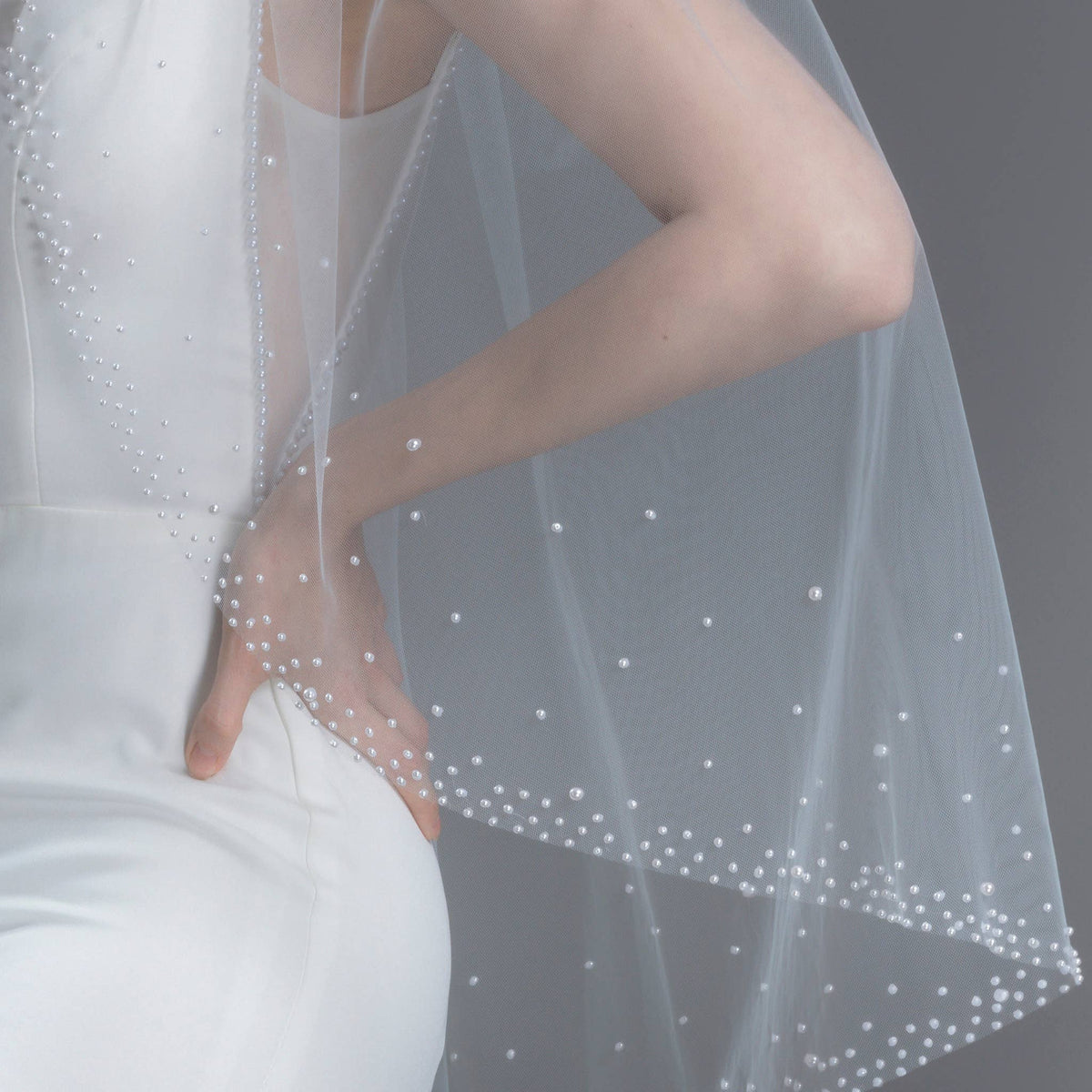 FS6253 Wide Faux Pearls Edge Bridal Veil 36" 45" 108" 120"