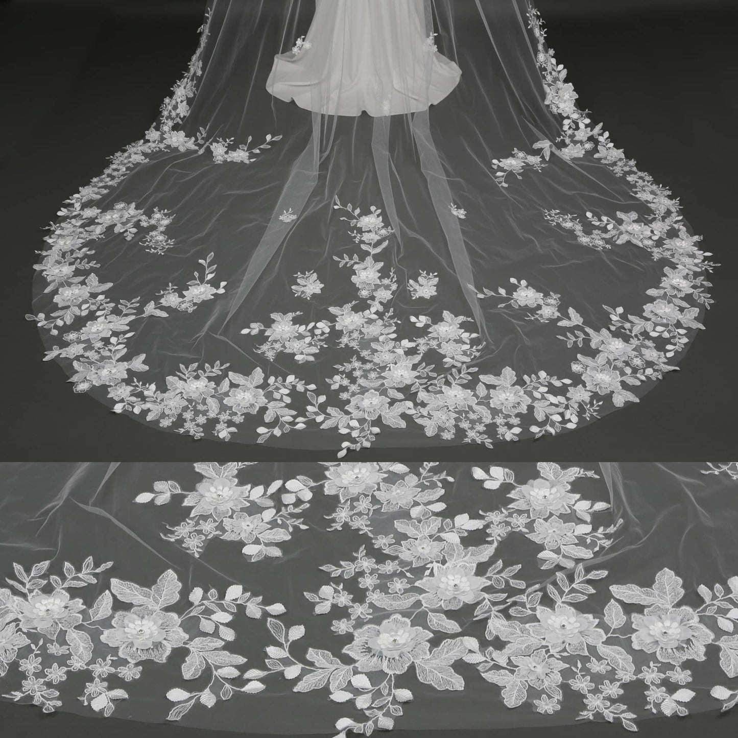 FS6227 3D Organza Flowers Embroidered Lace Bridal Veil 120"