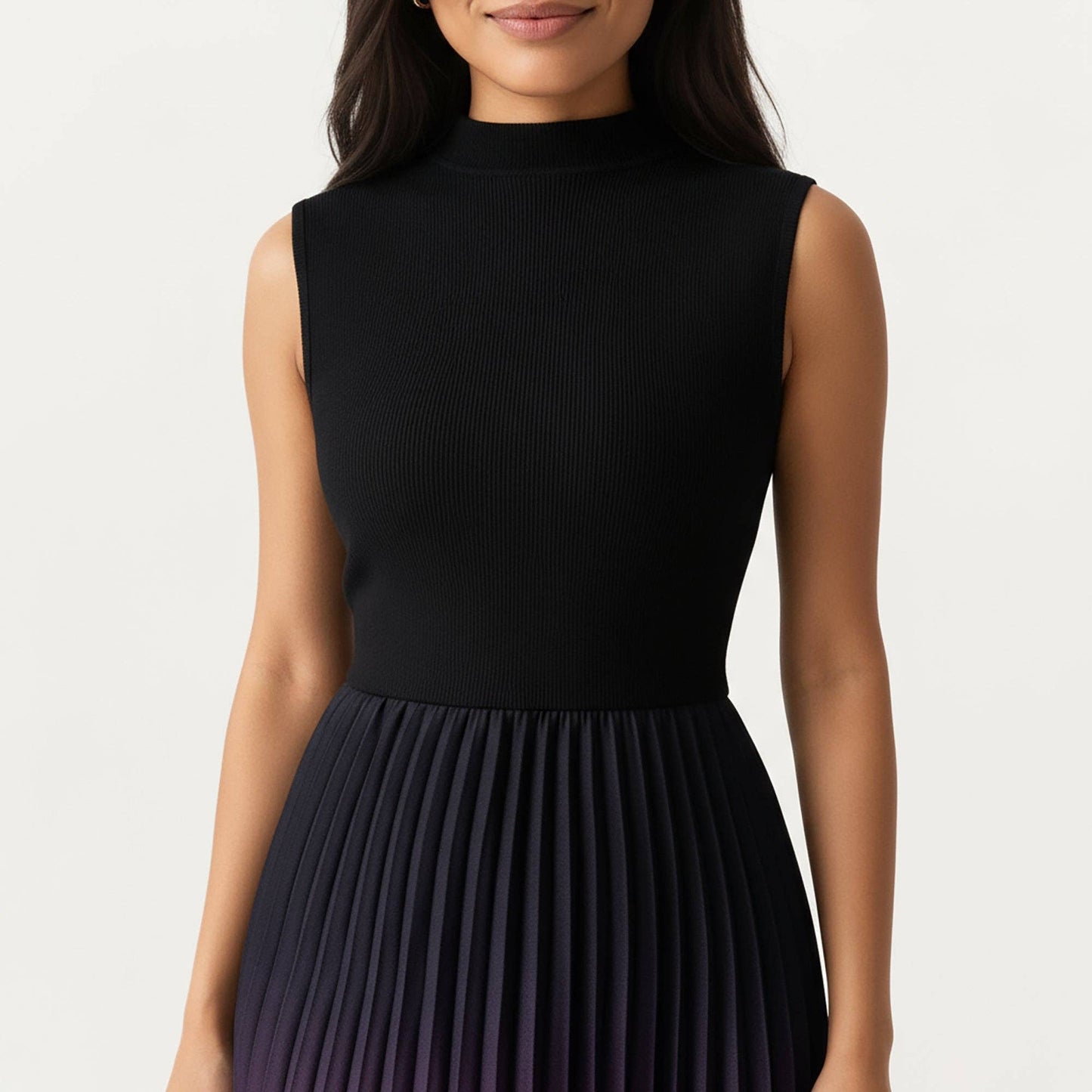 Sleeveless Mock Neck Pleated Maxi Dress with Gradient Ombre