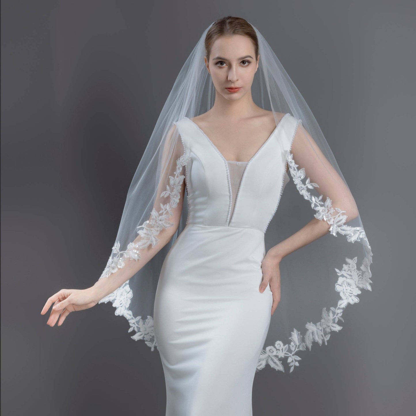 Floral Vine Embroidered Lace Rhinestones Veil