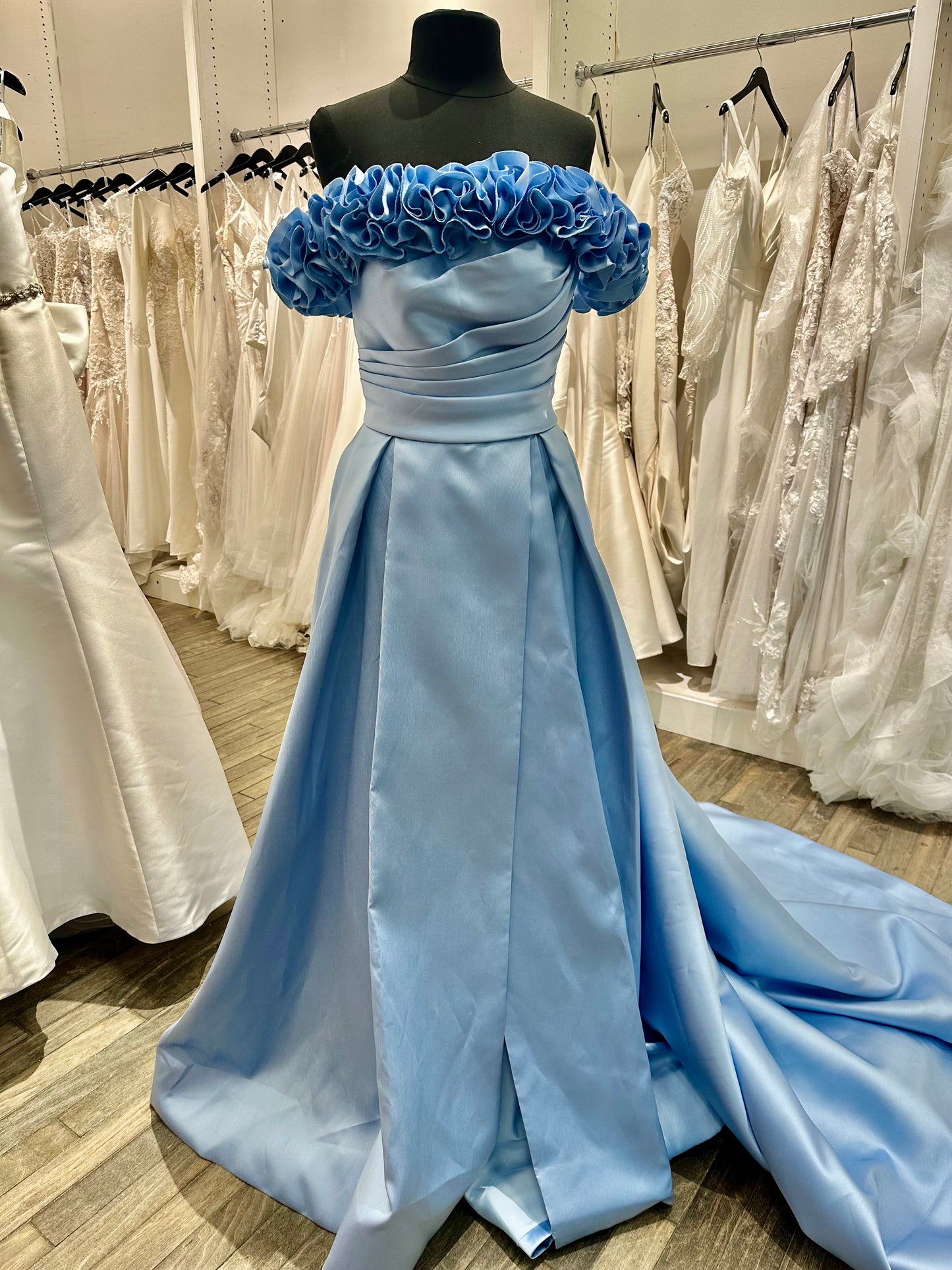 T125 Light Blue Mikado Floral Off Shoulder A-Line Wedding Dress with Box Pleats