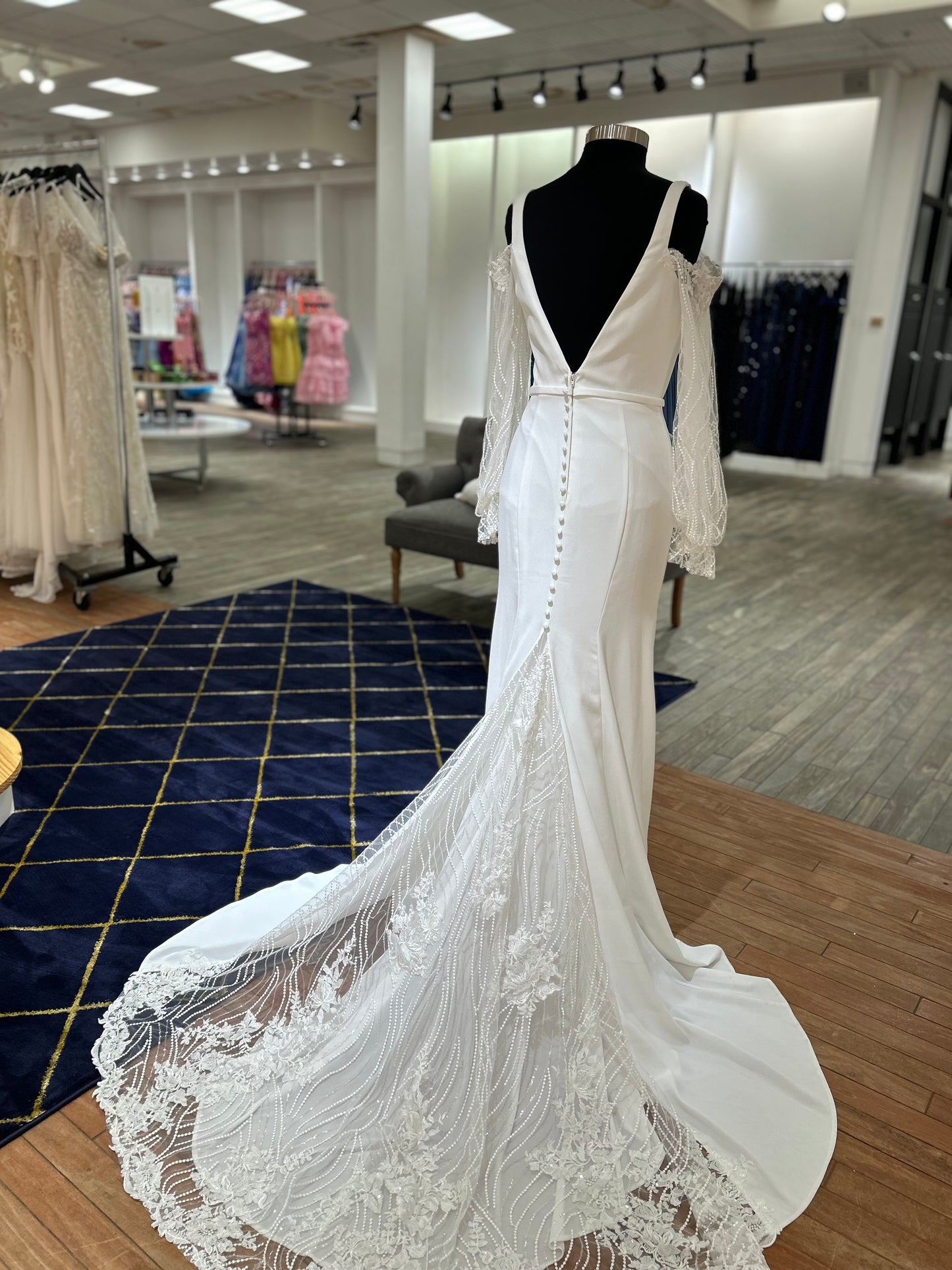 122180 Crepe Fit & Flare Off Shoulder Long Sleeve Wedding Dress by Enchanting for Mon Cheri