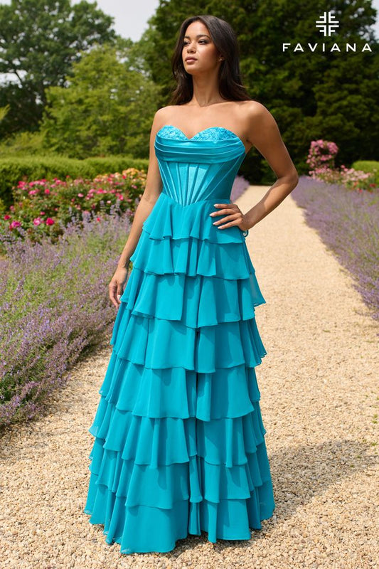 Seaglass Peekaboo Corset Satin And Chiffon Dress With Tiered Ruffled Skirt