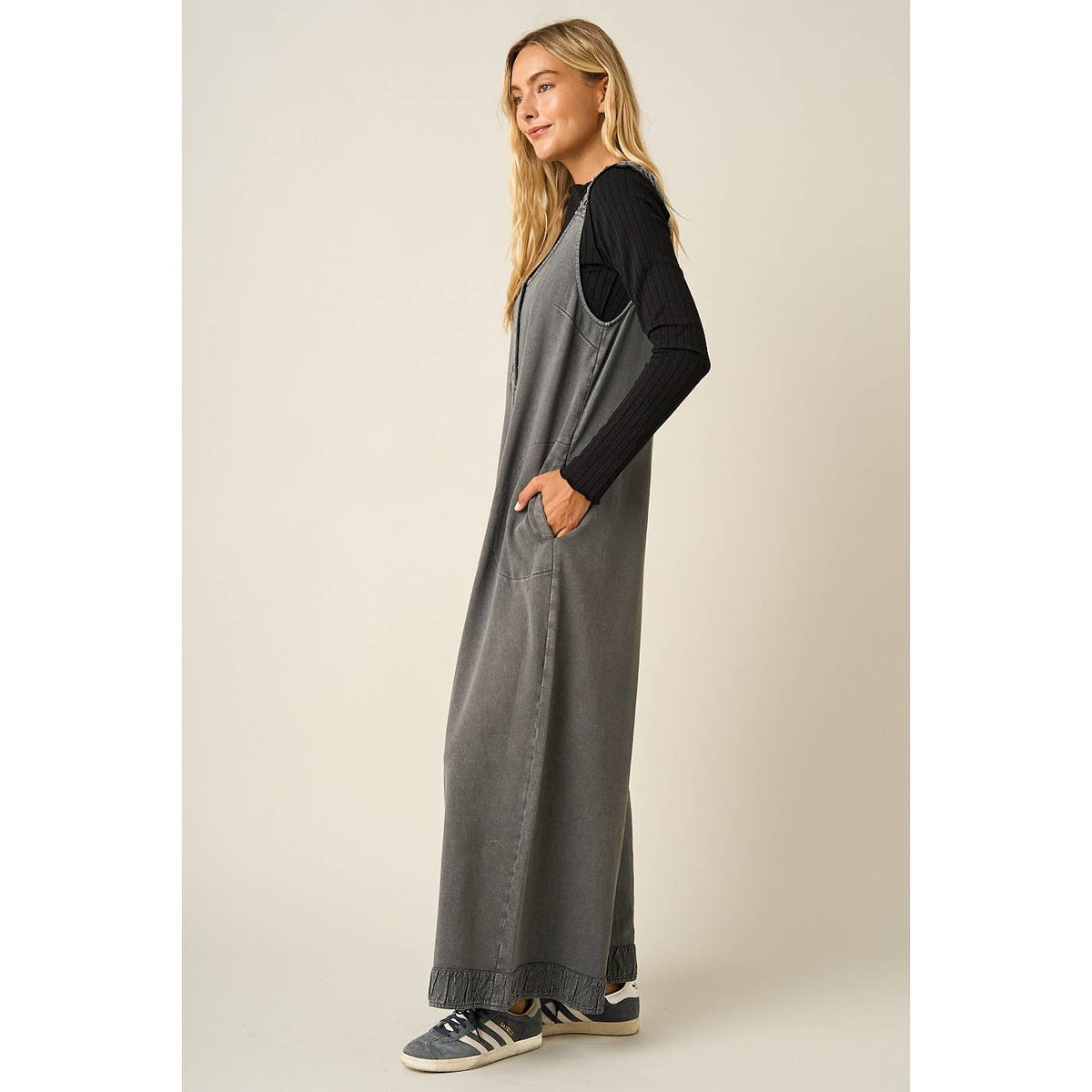Mineral Wash Ruffle Hem Henley Jumpsuit