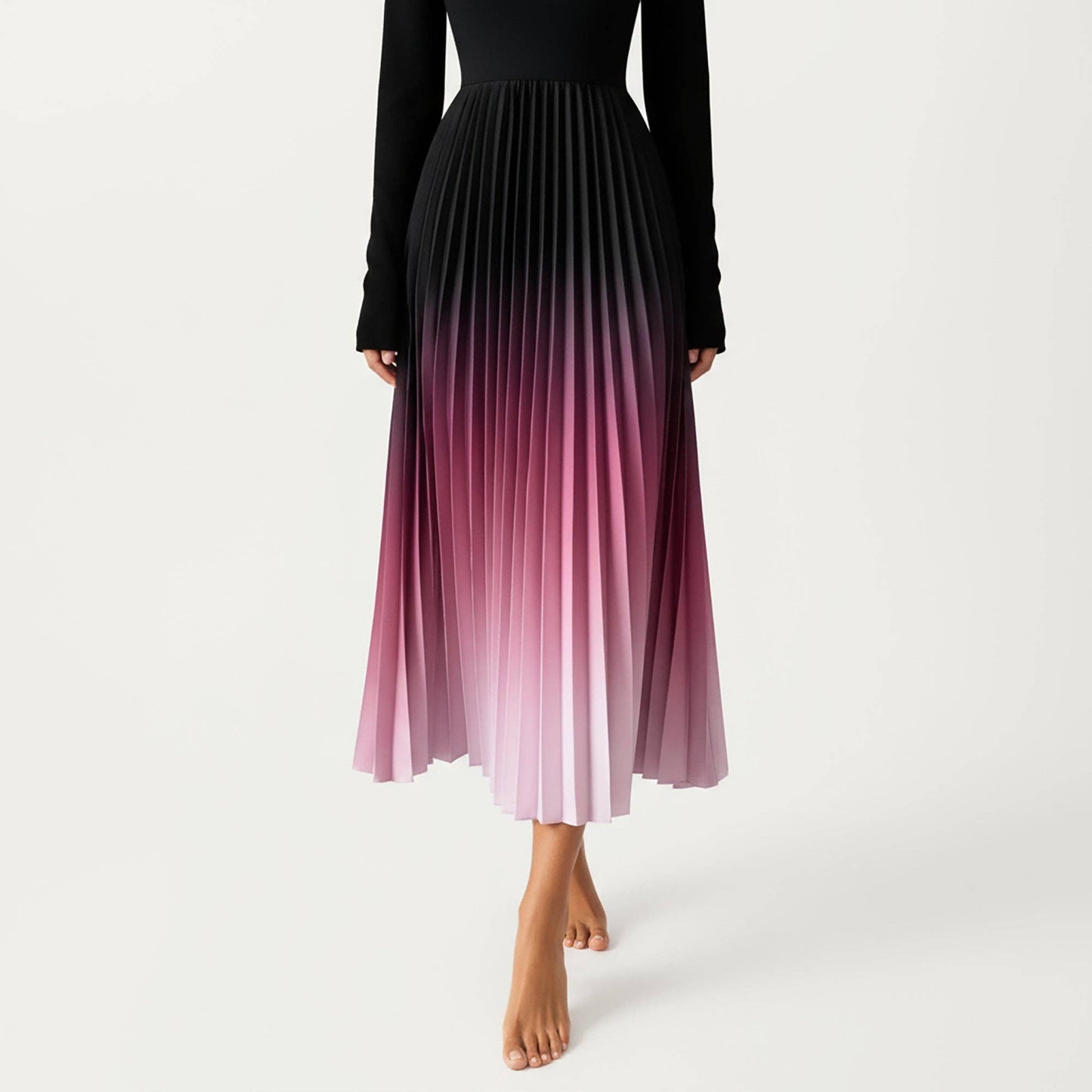 Long Sleeve Pleated Maxi Dress with Gradient Ombre Skirt and