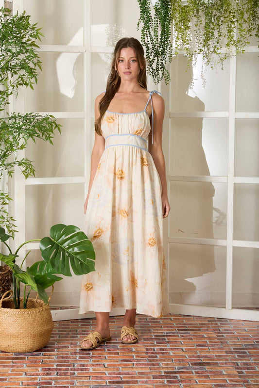 Waterfall Floral Strapless Spaghetti Tie Strap Midi Dress