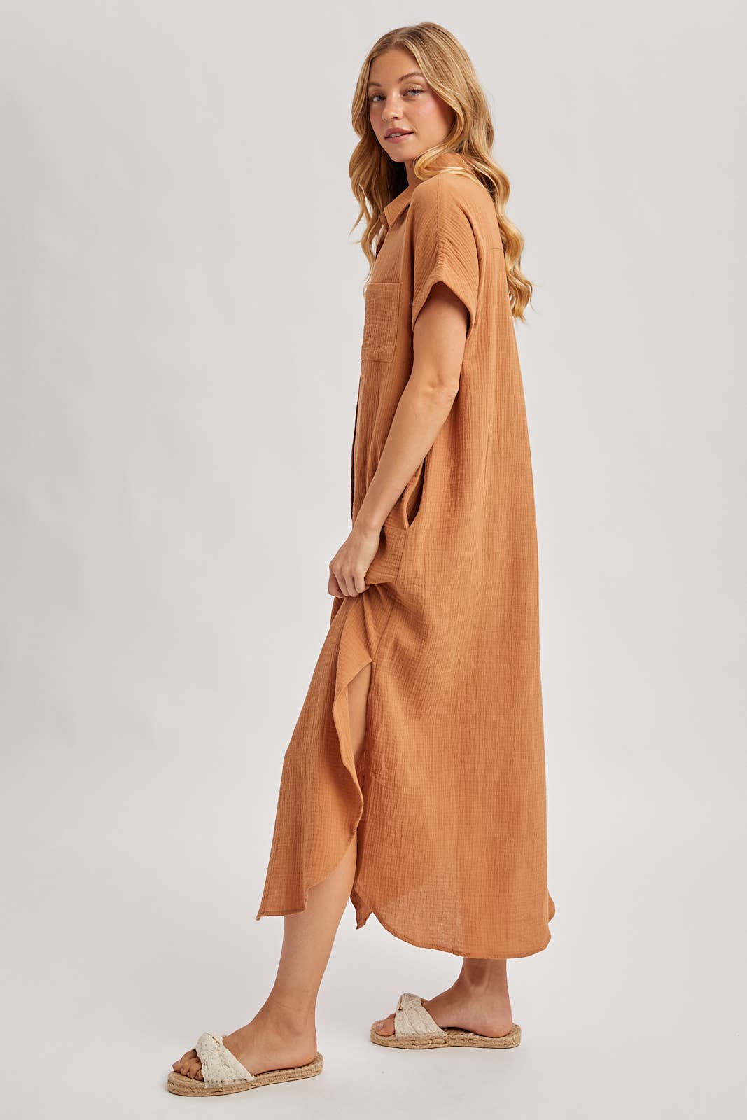 BUTTON UP MAXI SHIRT DRESS WITH POCKET