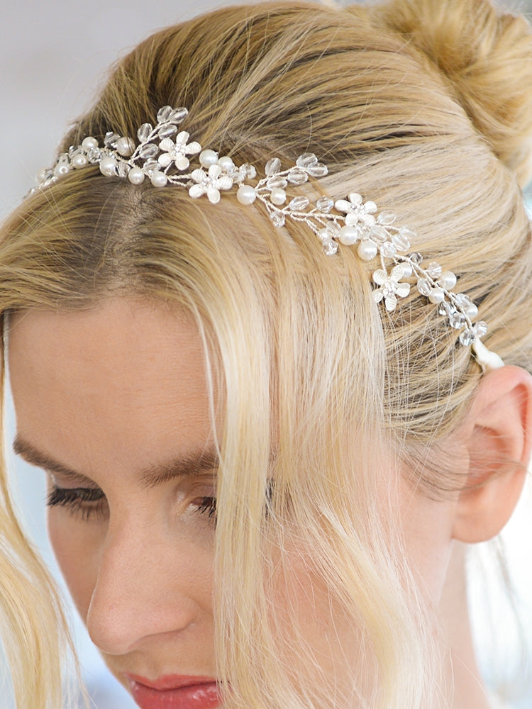 4564HB-I-S Pearl & Crystal Handmade Bridal Hair Vine Floral Headband