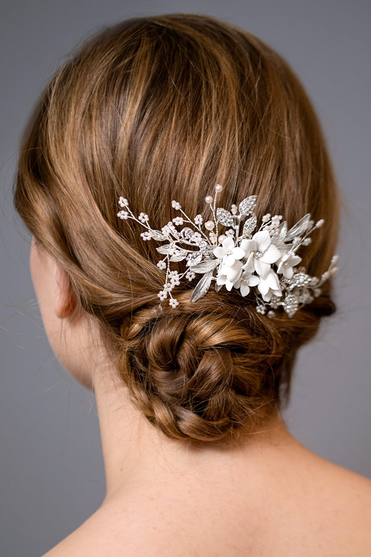 Best Selling Bridal Hair Comb with White Resin Flowers, Crystals and Dainty Pearl Sprays