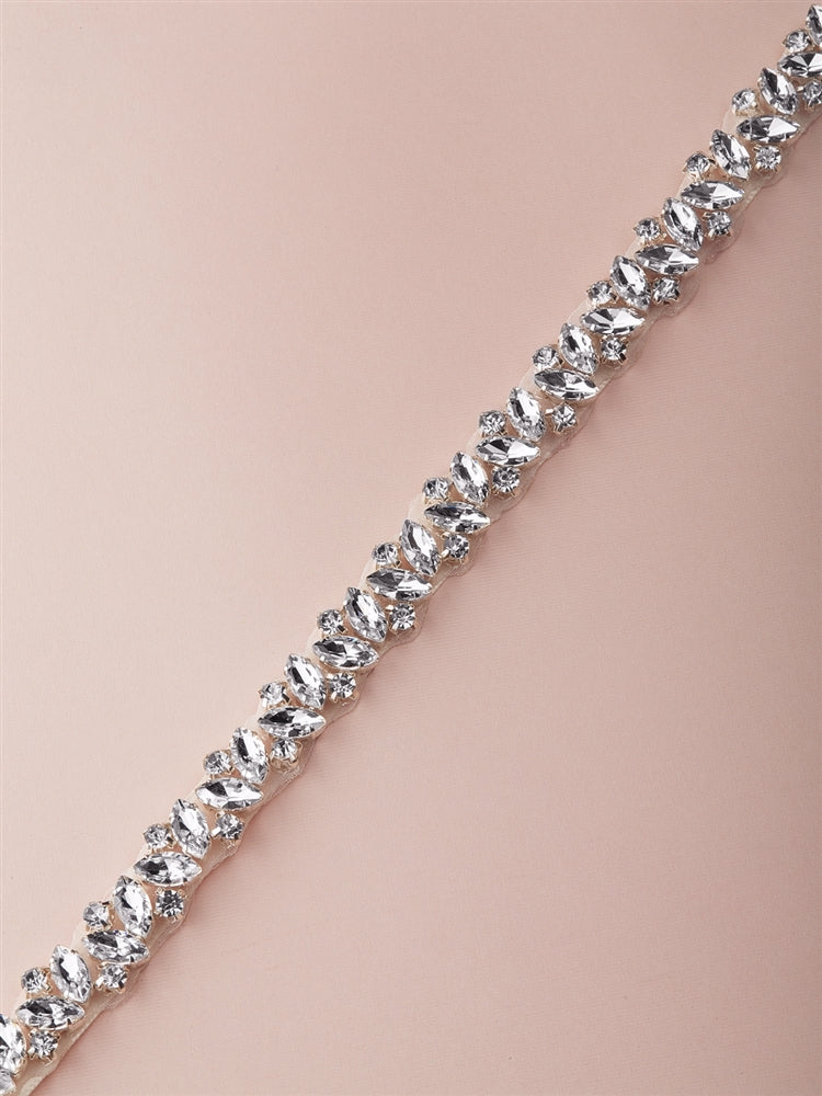 4610BT-I-G Slender Silver Bridal Belt with Austrian Crystals & Ivory Ribbon