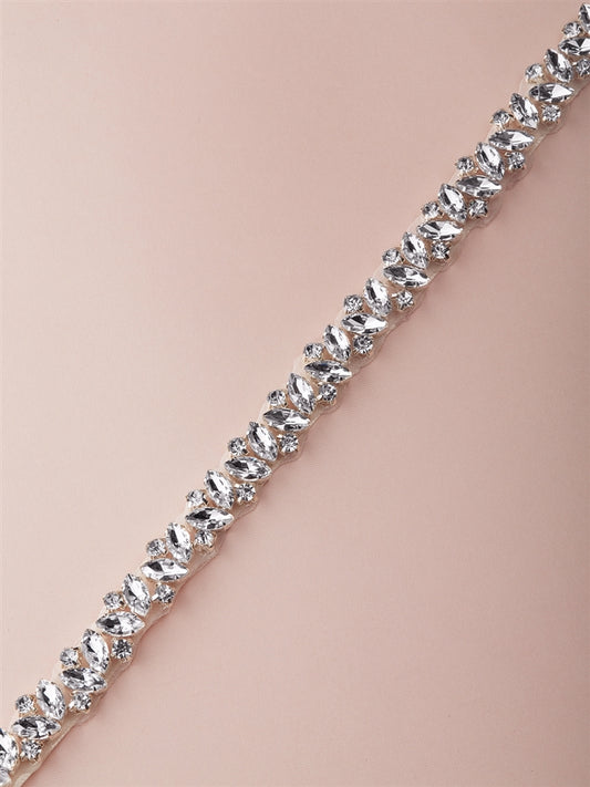 4610BT-I-G Slender Silver Bridal Belt with Austrian Crystals & Ivory Ribbon