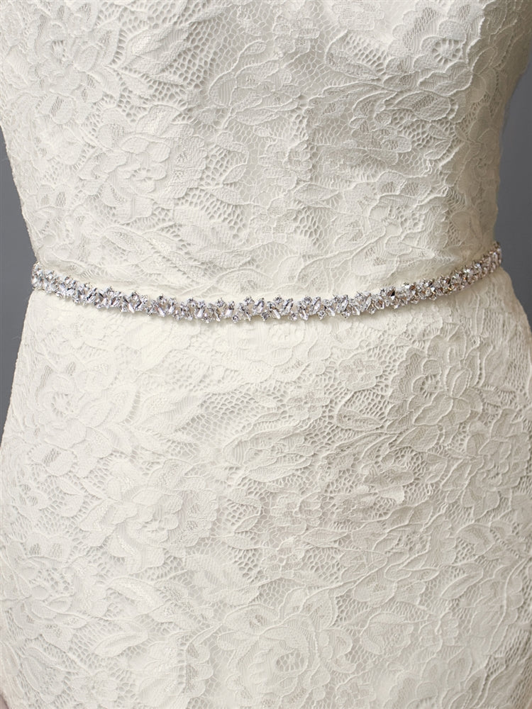 4610BT-I-G Slender Silver Bridal Belt with Austrian Crystals & Ivory Ribbon