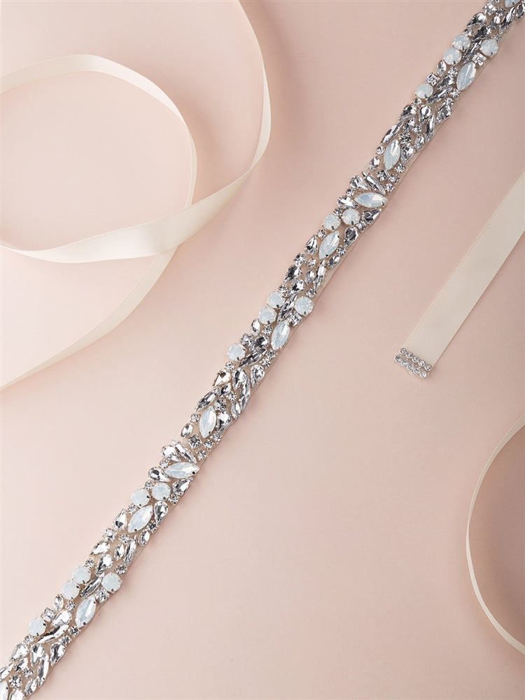 4611BT-I-S Silver Mosaic Bridal Belt with White Opal Crystals & Ivory Ribbon