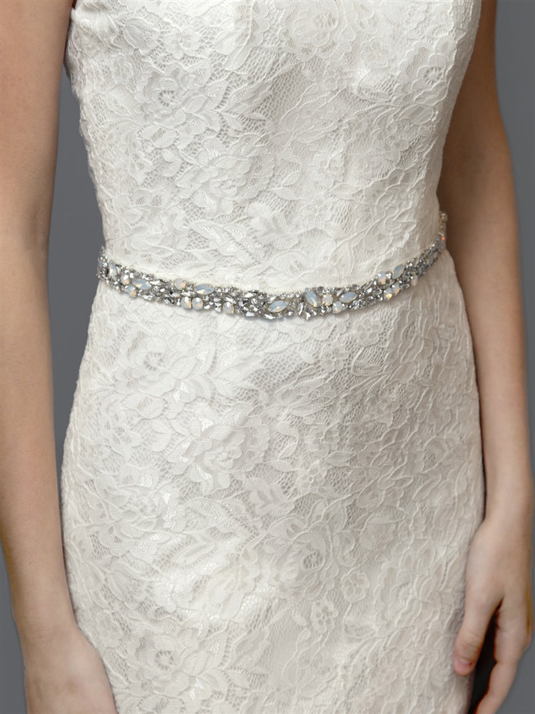 4611BT-I-S Silver Mosaic Bridal Belt with White Opal Crystals & Ivory Ribbon
