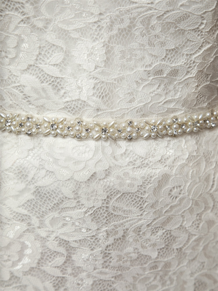 4614BT-I-S Ivory Pearl and Austrian Crystal Bridal Belt with Ribbon