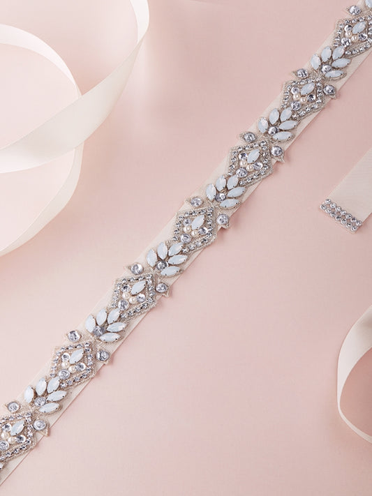 4615BT-I-S Silver appliqué bridal belt with white opal, ivory pearls and Austrian crystals with ivory ribbon