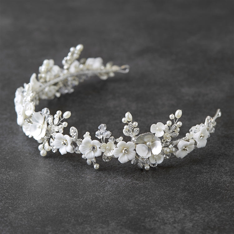 Silver Matte Floral Bridal Wedding Tiara Crown with Light Ivory Flowers & Freshwater Pearls