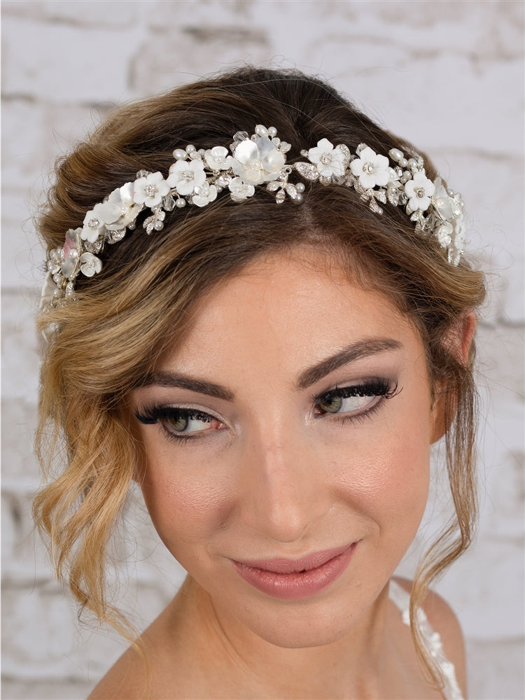 Silver Matte Floral Bridal Wedding Tiara Crown with Light Ivory Flowers & Freshwater Pearls