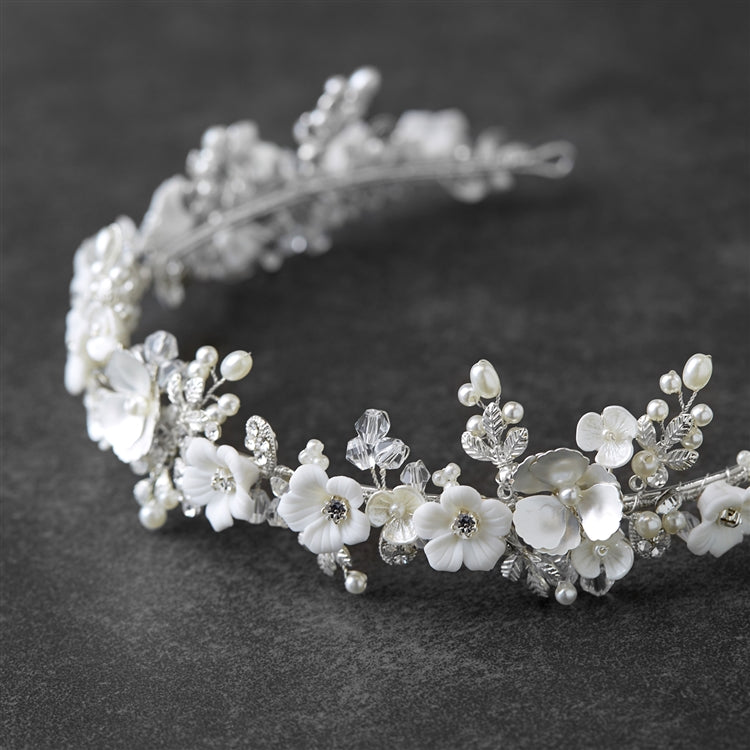Silver Matte Floral Bridal Wedding Tiara Crown with Light Ivory Flowers & Freshwater Pearls