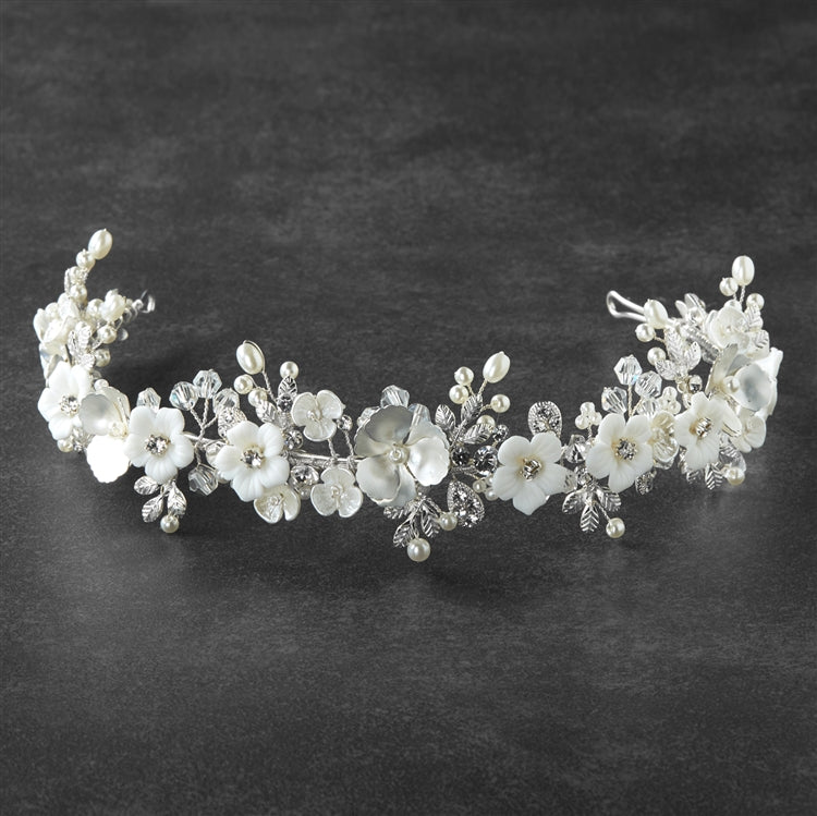 Silver Matte Floral Bridal Wedding Tiara Crown with Light Ivory Flowers & Freshwater Pearls