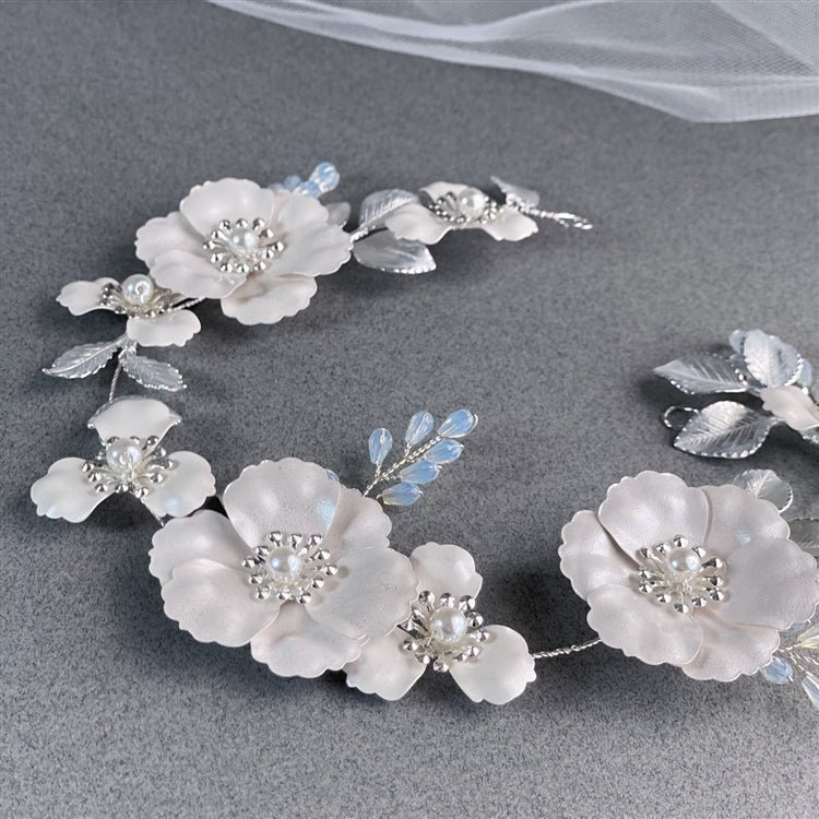 Bridal Hair Vine Headpiece with Ivory Enamel & Matte Silver Metal Flowers & Opal Crystals