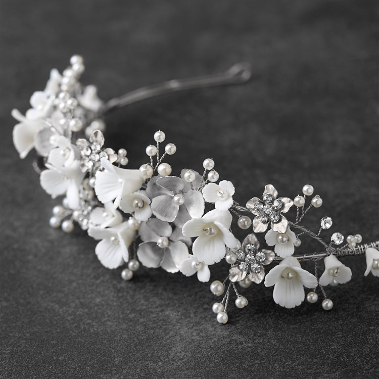 Bridal Tiara Wedding Crown with Soft Ivory Resin Florals & Matte Silver Flowers