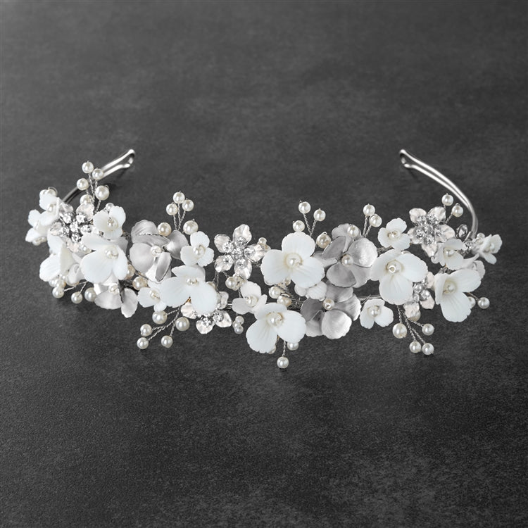 Bridal Tiara Wedding Crown with Soft Ivory Resin Florals & Matte Silver Flowers