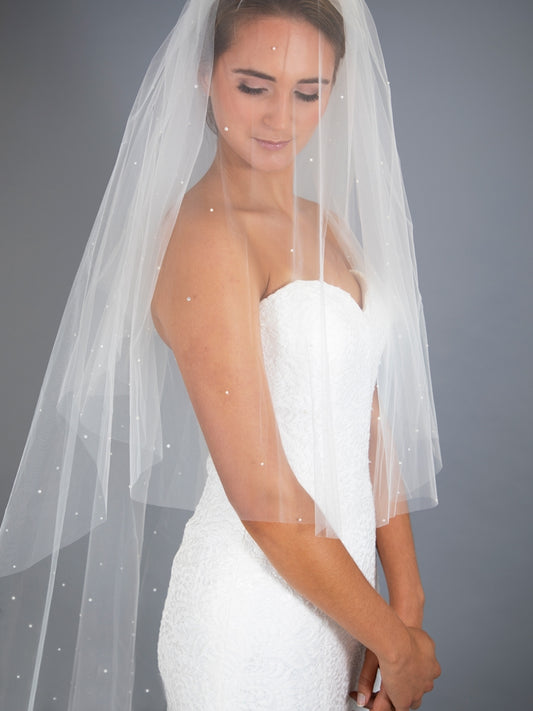 4645V-I-45 2-Tier 45" Knee Length Cut Edge Veil - Scattered Pearls & Crystals with 30" Blusher - Ivory