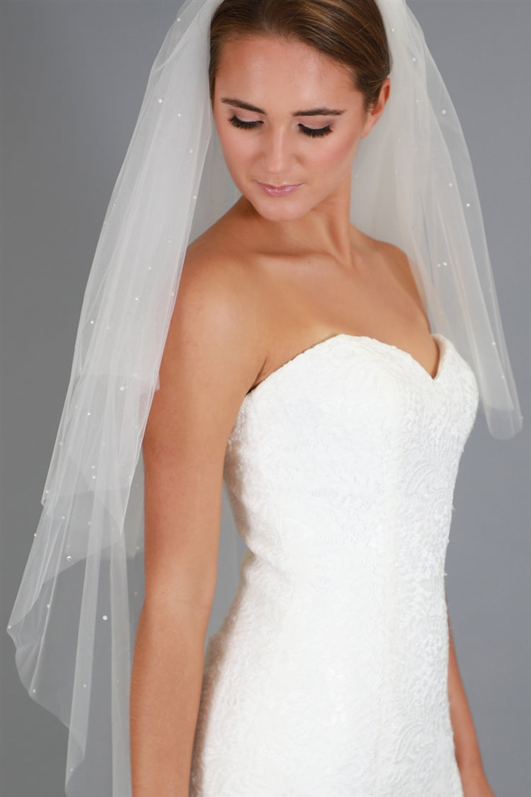 4645V-I-45 2-Tier 45" Knee Length Cut Edge Veil - Scattered Pearls & Crystals with 30" Blusher - Ivory