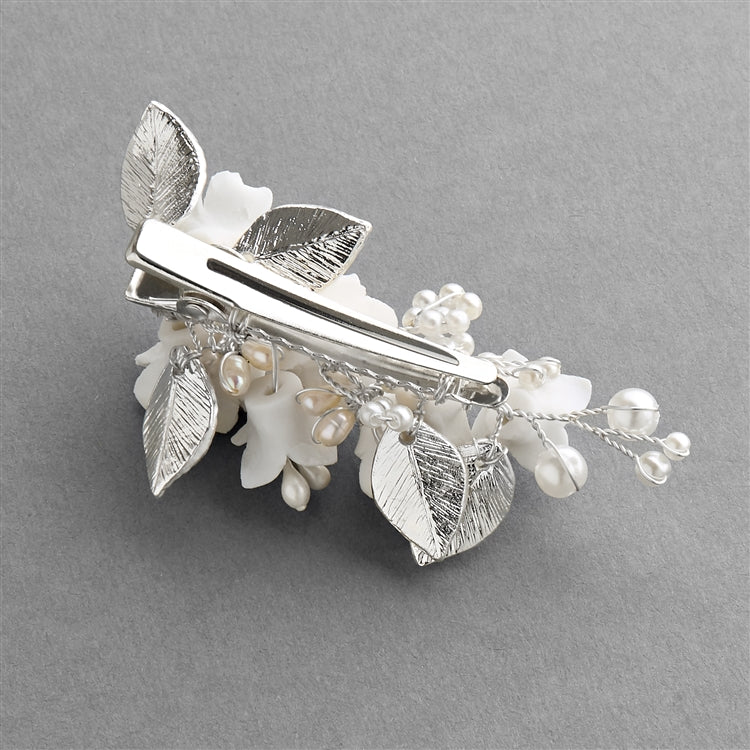 Wedding Hair Clip with White Resin Flowers, Pearls Matte Silver Leaves