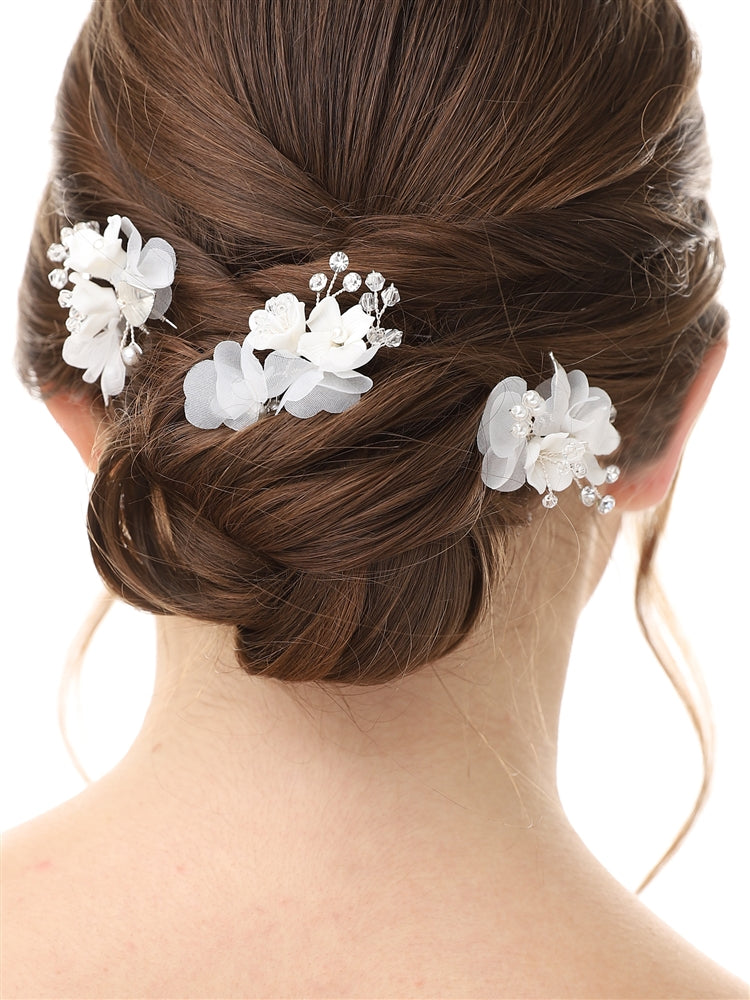 Bridal Hair Stick Pins with Ivory Resin Flowers and Pearls - Set of Three Hair Sticks   Additional Photos:     Bridal Hair Sticks with Ivory Resin Flowers, Ivory Pearls and Fabric Leaves - Set of 3 Hair Sticks