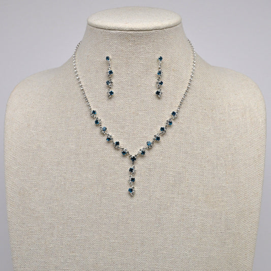 Aqua Round Cluster Rhinestone Earring and Necklace Set