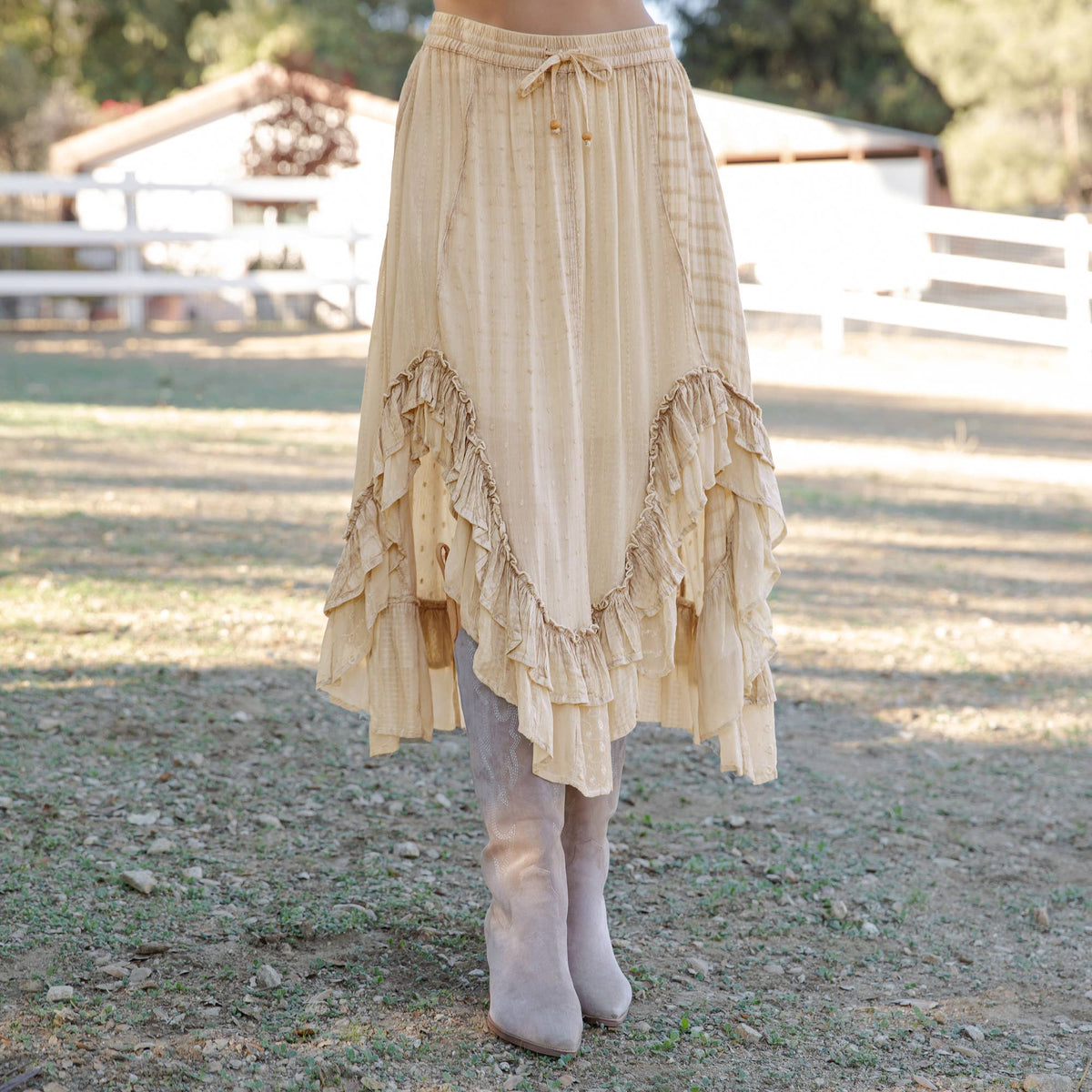 Rustic Bohemian: Asymmetrical Embroidered Midi Skirt