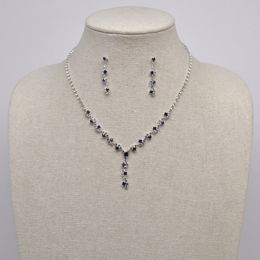 Sapphire Round Cluster Rhinestone Earring and Necklace Set