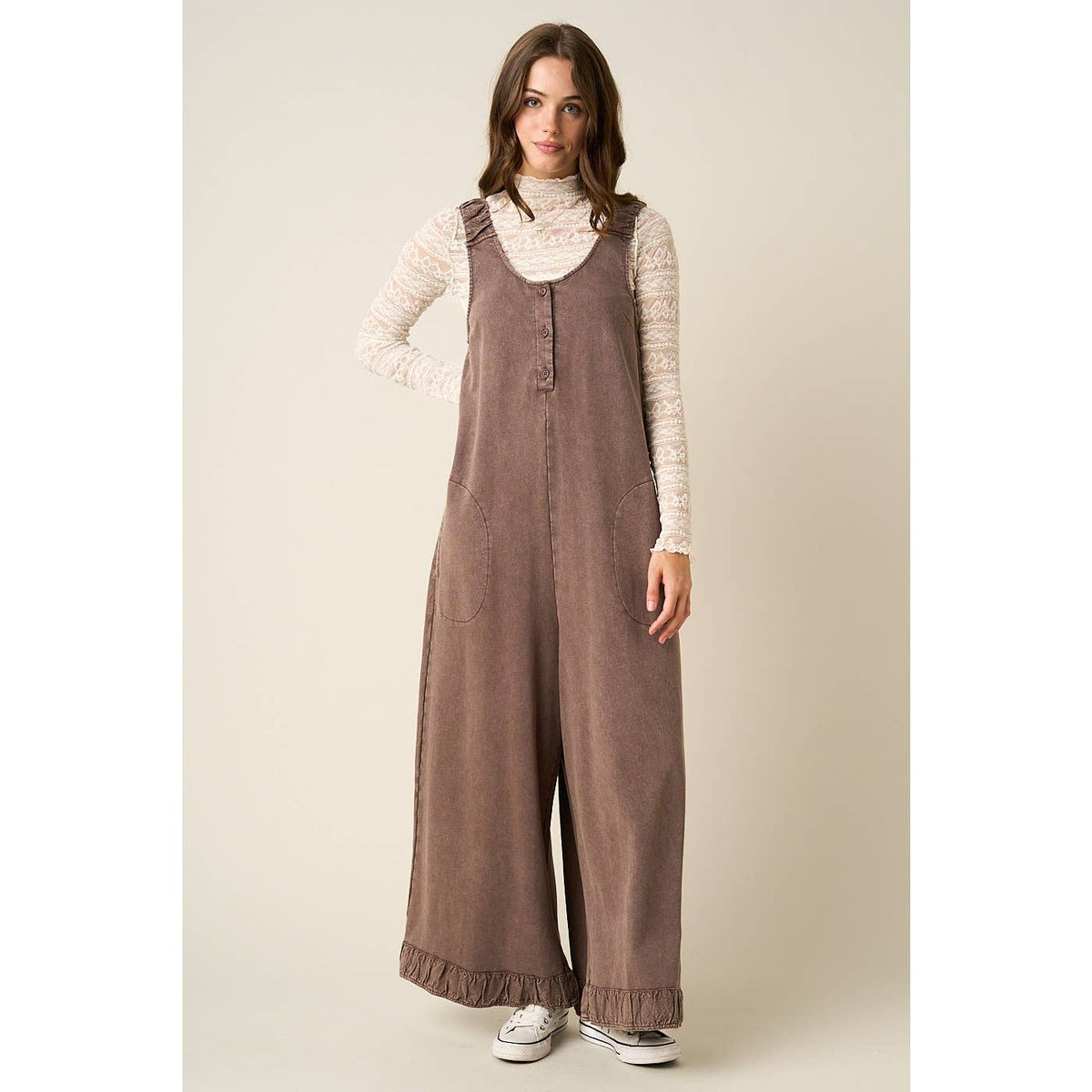 Mineral Wash Ruffle Hem Henley Jumpsuit