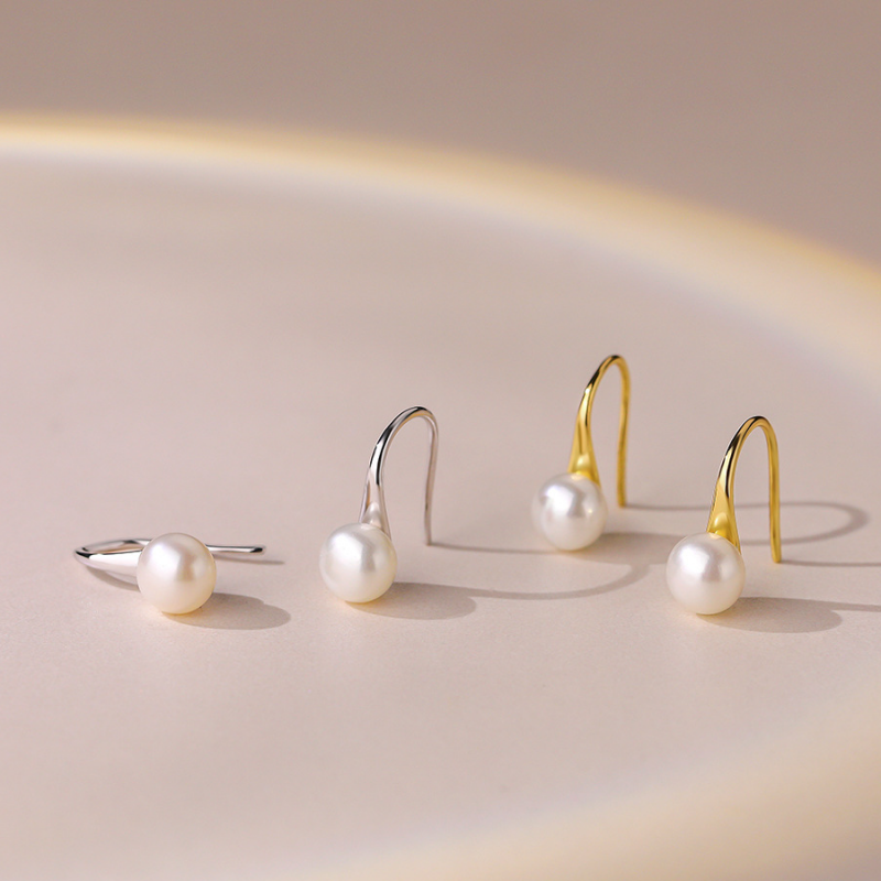 Dainty Minimalist Pearl Hook Earrings in 925 Sterling Silver
