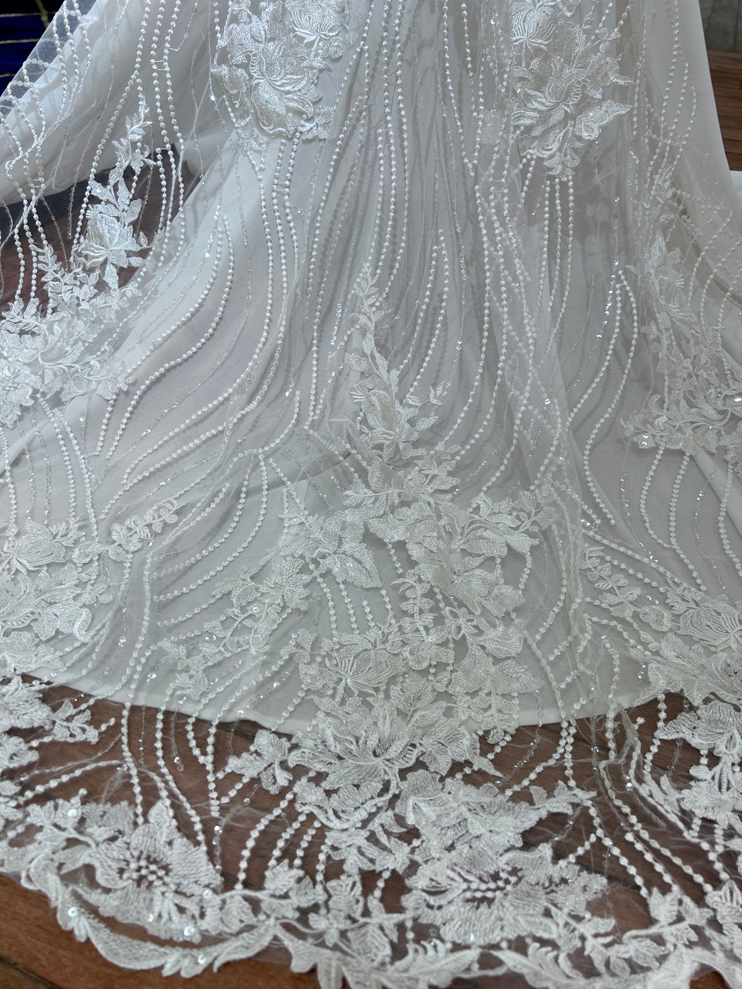 122180 Crepe Fit & Flare Off Shoulder Long Sleeve Wedding Dress by Enchanting for Mon Cheri