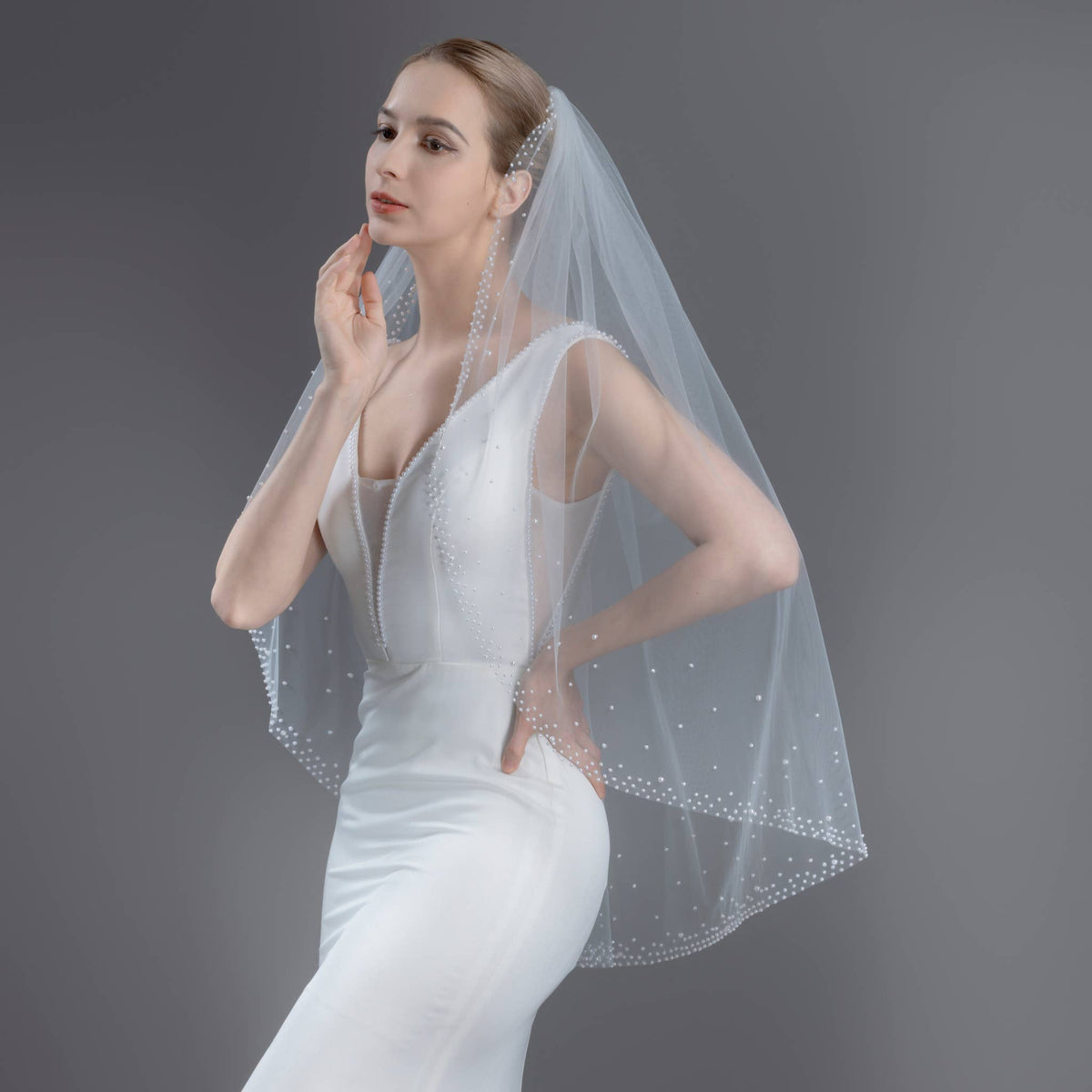 FS6253 Wide Faux Pearls Edge Bridal Veil 36" 45" 108" 120"