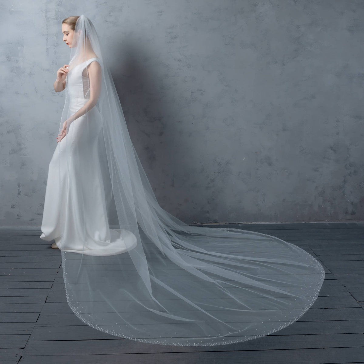 FS6253 Wide Faux Pearls Edge Bridal Veil 36" 45" 108" 120"