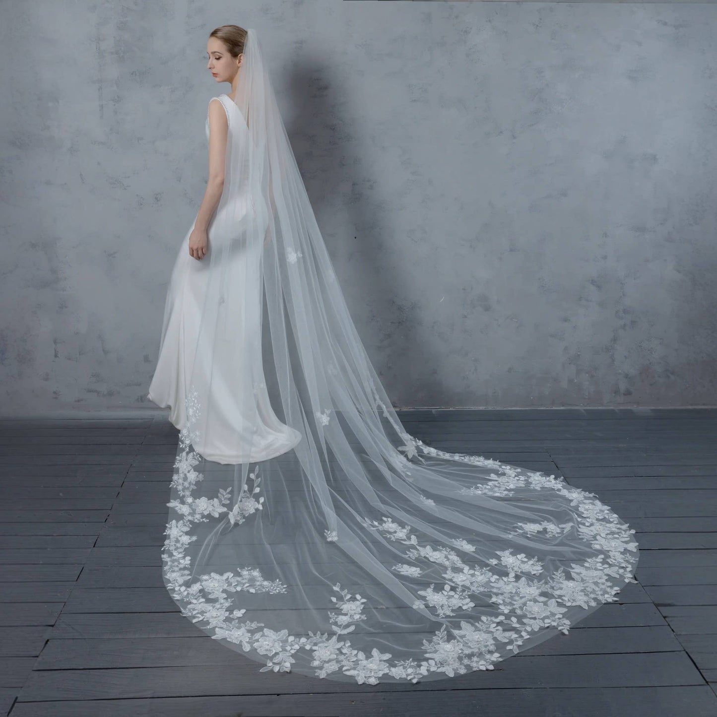 FS6227 3D Organza Flowers Embroidered Lace Bridal Veil 120"